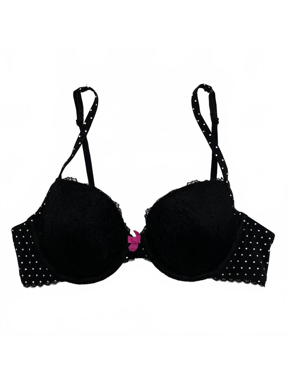 Y2K La Senza Black White Polka Dot Laced Bra With Pink Bow Sz 36B Scene Goth